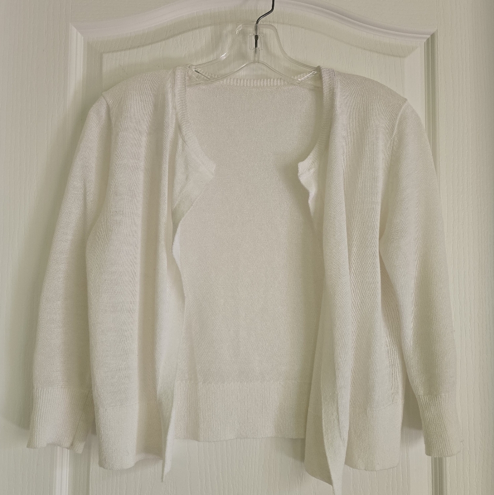 EUC Ann Taylor Cream/Off White Linen Blend Open Front Cropped Cardigan, Size S